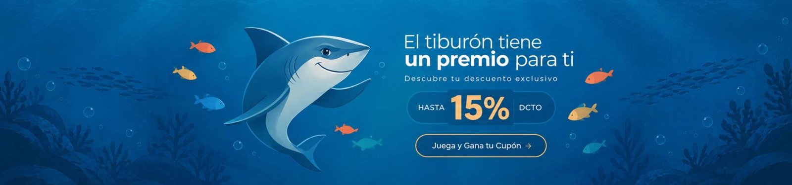 banner con el tiburón ofreciendo descuento