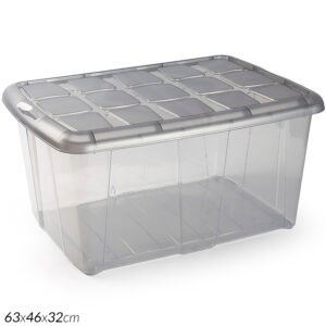 Caja Organizadora de Plástico Grande 60 Litros – Colores Fucsia, Rosa, Azul, Verde y Transparente – Resistente, Impermeable y Apilable para Ropa, Juguetes y Accesorios - Gris Translúcido, 2 UDS