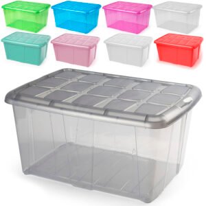 Caja Organizadora de Plástico Grande 60 Litros – Colores Fucsia, Rosa, Azul, Verde y Transparente – Resistente, Impermeable y Apilable para Ropa, Juguetes y Accesorios