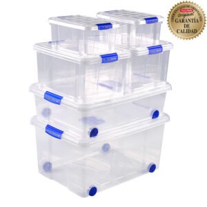 Caja de plástico transparente con ruedas y tapa – varias capacidades 30L a 130L