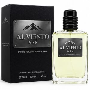 Frasco y caja de la colonia masculina Al Viento Men By Prady de 100 ml sobre fondo blanco.
