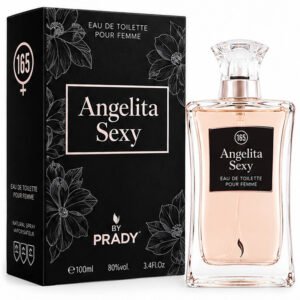Vista del frasco de vidrio tallado y estuche floral del perfume femenino Angelita de 100 ml.