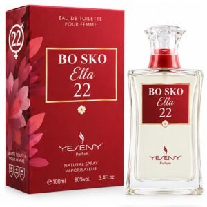 Frasco y caja roja con detalles florales de la colonia femenina BO SKO Ella 22 By Yesensy de 100 ml.
