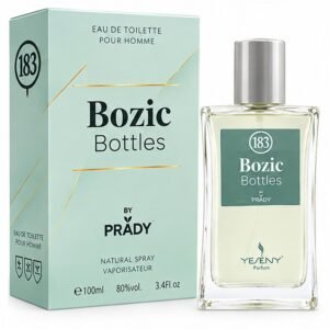 Frasco y caja verde claro de la colonia masculina Bozic Bottles By Prady de 100 ml.