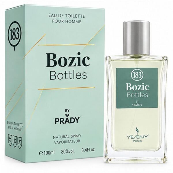 Frasco y caja verde claro de la colonia masculina Bozic Bottles By Prady de 100 ml.