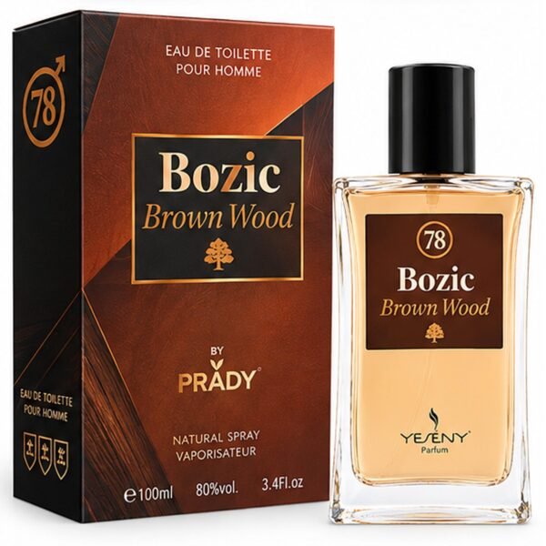 Frasco y caja en tonos marrones y cobrizos de la colonia masculina Bozic Brown Wood By Prady de 100 ml.