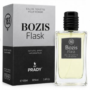 Vista del frasco de vidrio y estuche gris de la agua de tocador masculina Bozis Flask de 100 ml.