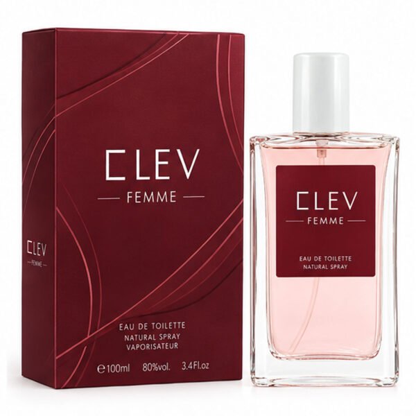 Frasco y caja de la colonia femenina Clev Femme de Prady de 90 ml