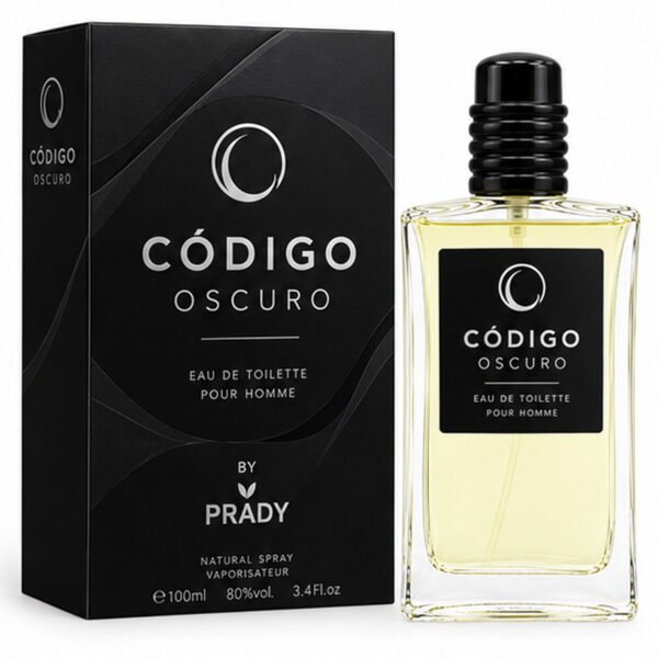 Frasco y caja de la colonia masculina Código Oscuro By Prady de 100 ml