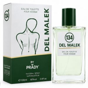 Frasco y caja de la colonia masculina Del Malek By Prady de 100 ml en tonos verdes.