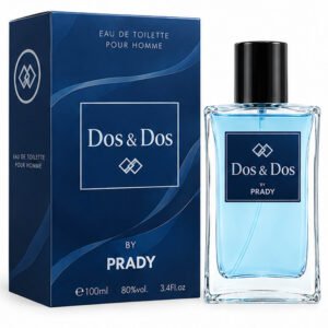 Frasco y caja azul de la colonia masculina Dos & Dos By Prady de 100 ml.