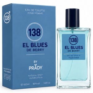 Frasco y caja de la colonia masculina El Blues de Berry By Prady de 100 ml en tonos azules.