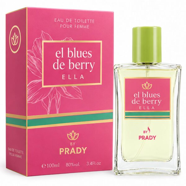 Frasco y caja rosa de la colonia femenina El Blues de Berry Ella By Prady de 100 ml.