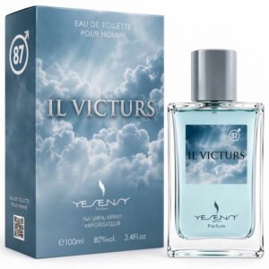 Frasco y caja celeste con diseño de nubes de la colonia masculina Il Victurs By Yesensy de 100 ml.