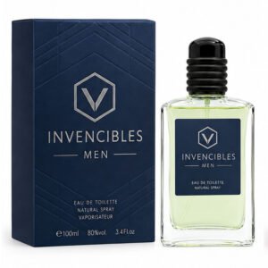 Frasco y caja de la colonia masculina Invencibles Men de 100 ml con diseño dinámico