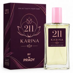 Frasco y caja de la colonia femenina Karina By Prady de 100 ml sobre fondo limpio