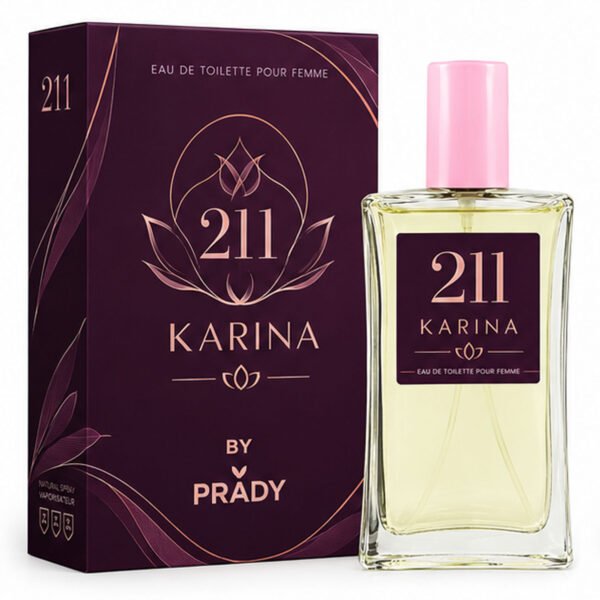 Frasco y caja de la colonia femenina Karina By Prady de 100 ml sobre fondo limpio