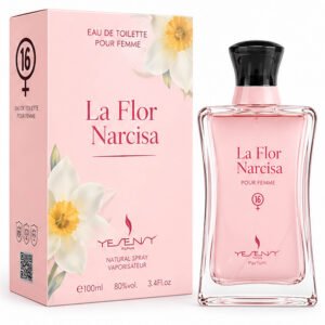 Frasco y caja rosa con motivos florales de la colonia femenina La Flor Narcisa By Yesensy de 100 ml.