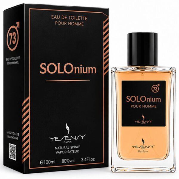 Vista del frasco y estuche negro y naranja de la colonia masculina SOLOnium By Yesensy de 100 ml.