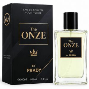 Vista del frasco y la caja negra de la colonia masculina The Onze By Prady de 100 ml.