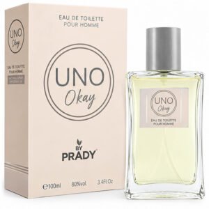 Vista del frasco y estuche de tonos claros del perfume masculino UNO Okay de 100 ml.