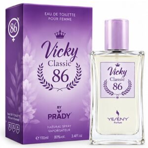 Frasco y caja lila con diseño clásico de la colonia femenina Vicky Classic 86 By Prady de 100 ml.