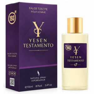 Vista del frasco y la caja de la colonia femenina Yesen Testamento de 100 ml.
