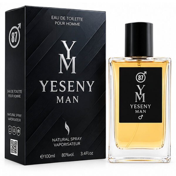 Frasco y caja de la colonia masculina Yeseny Man de 100 ml sobre fondo neutro.