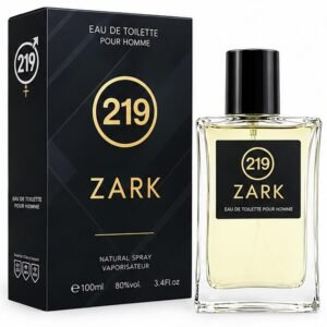Vista frontal del frasco y estuche de la colonia masculina Zark By Prady de 100 ml.