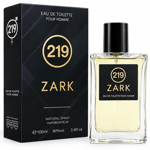 Vista frontal del frasco y estuche de la colonia masculina Zark By Prady de 100 ml.