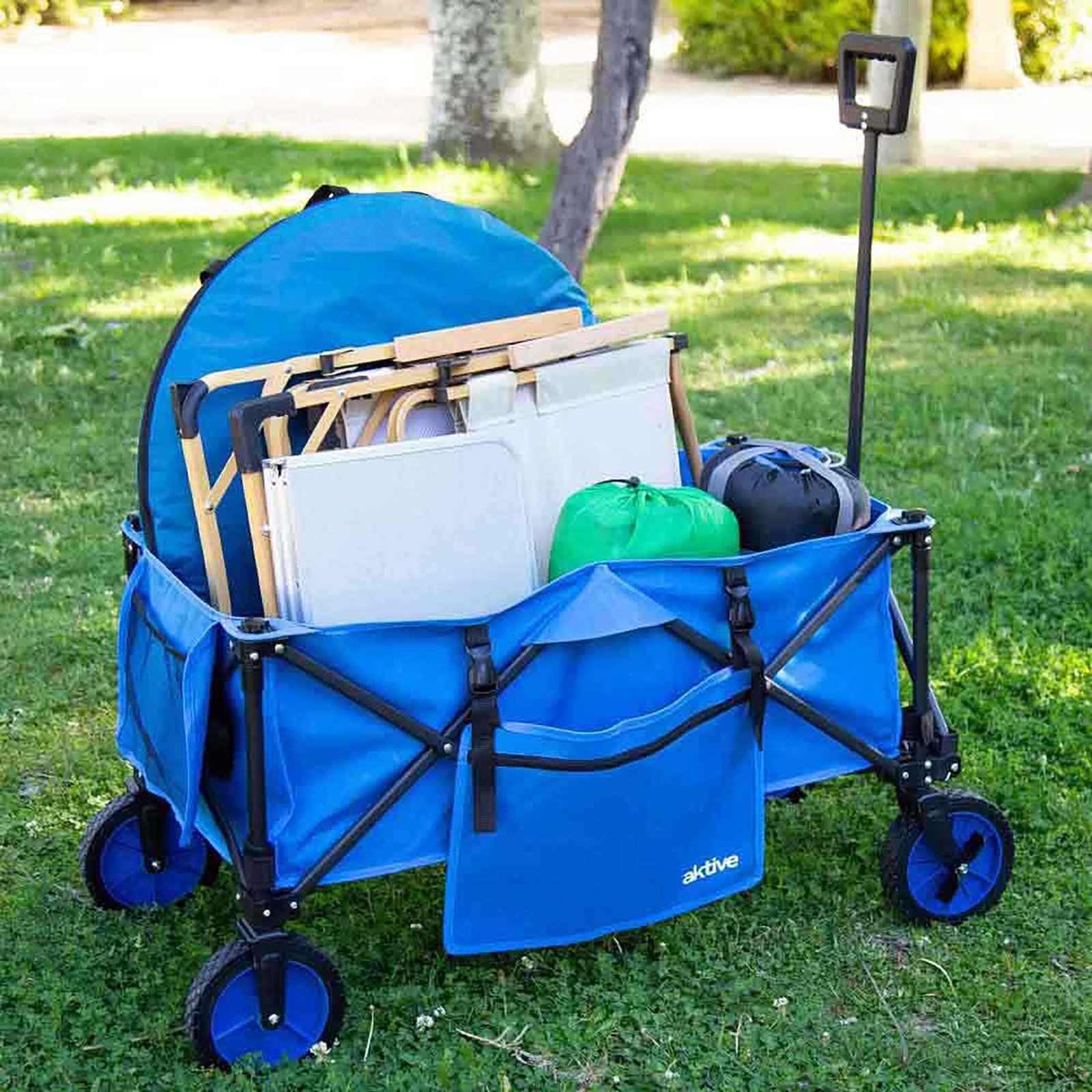 Carrito Plegable Playa Azul hasta 80 kg | Estructura de Acero Reforzado + Poliéster Lavable | Ruedas 360° con Frenos | Mango Multiángulo Ergonómico | 2 Bolsillos + Portasillas + Funda Incluida - Imagen 3