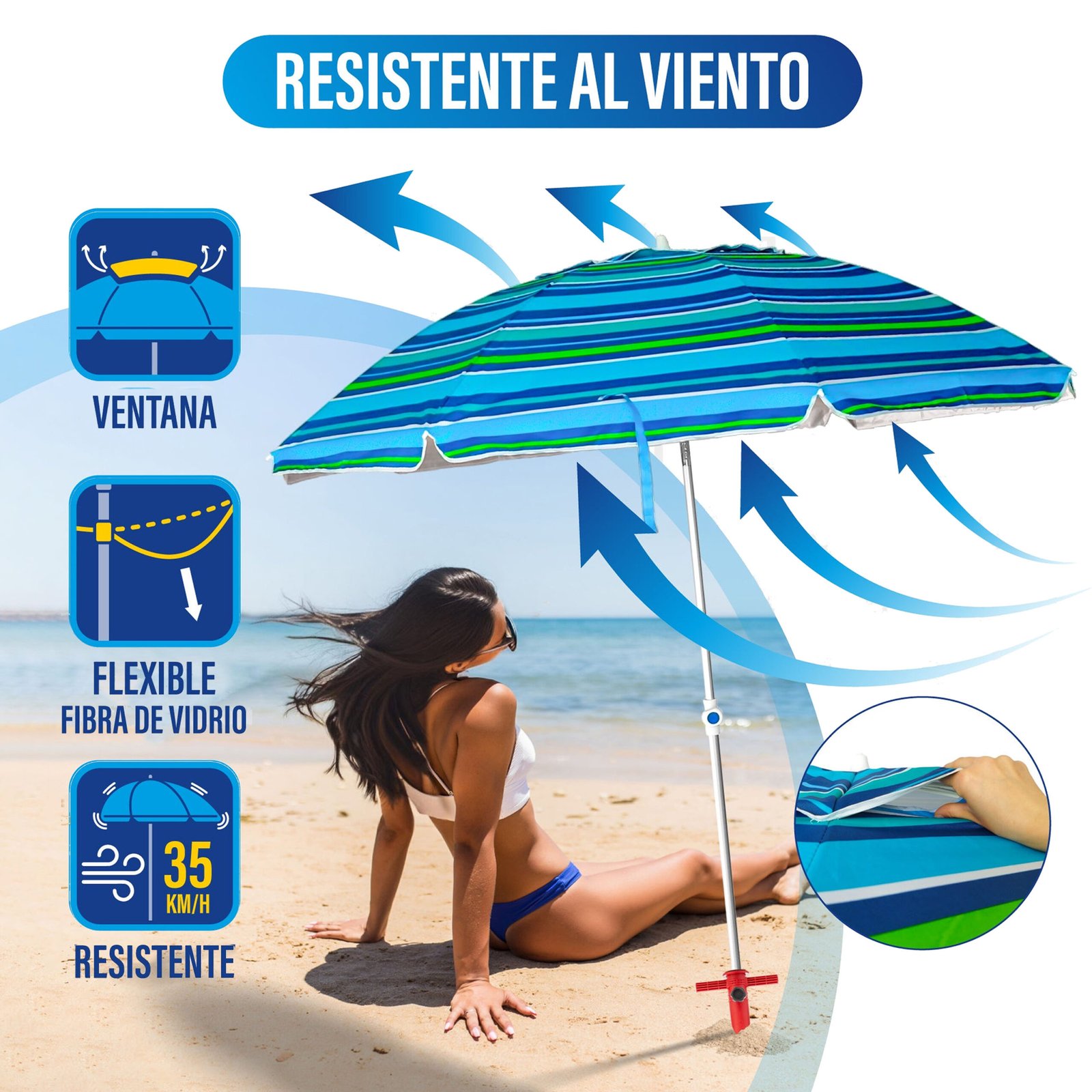 Sombrilla de Playa 200 cm | Protección UV FPU100+ | 8 Varillas Reforzadas de Fibra de Vidrio y Aleación de Aluminio | Inclinación Ajustable | Anclaje Espiral para Arena | Ligera, Elegante y Portátil | Bolsa de Transporte Incluida - Imagen 6