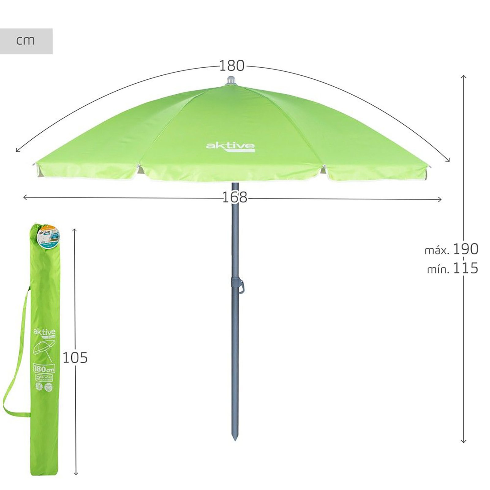 Sombrilla de Playa Ø220 cm con Mástil Inclinable y Regulable 28/32 mm | Tejido Poliéster UV50 con Revestimiento Plateado | 8 Varillas Fibra de Vidrio Antiviento | Mástil Aluminio Ultrarresistente + Bolsa Transporte - Imagen 8