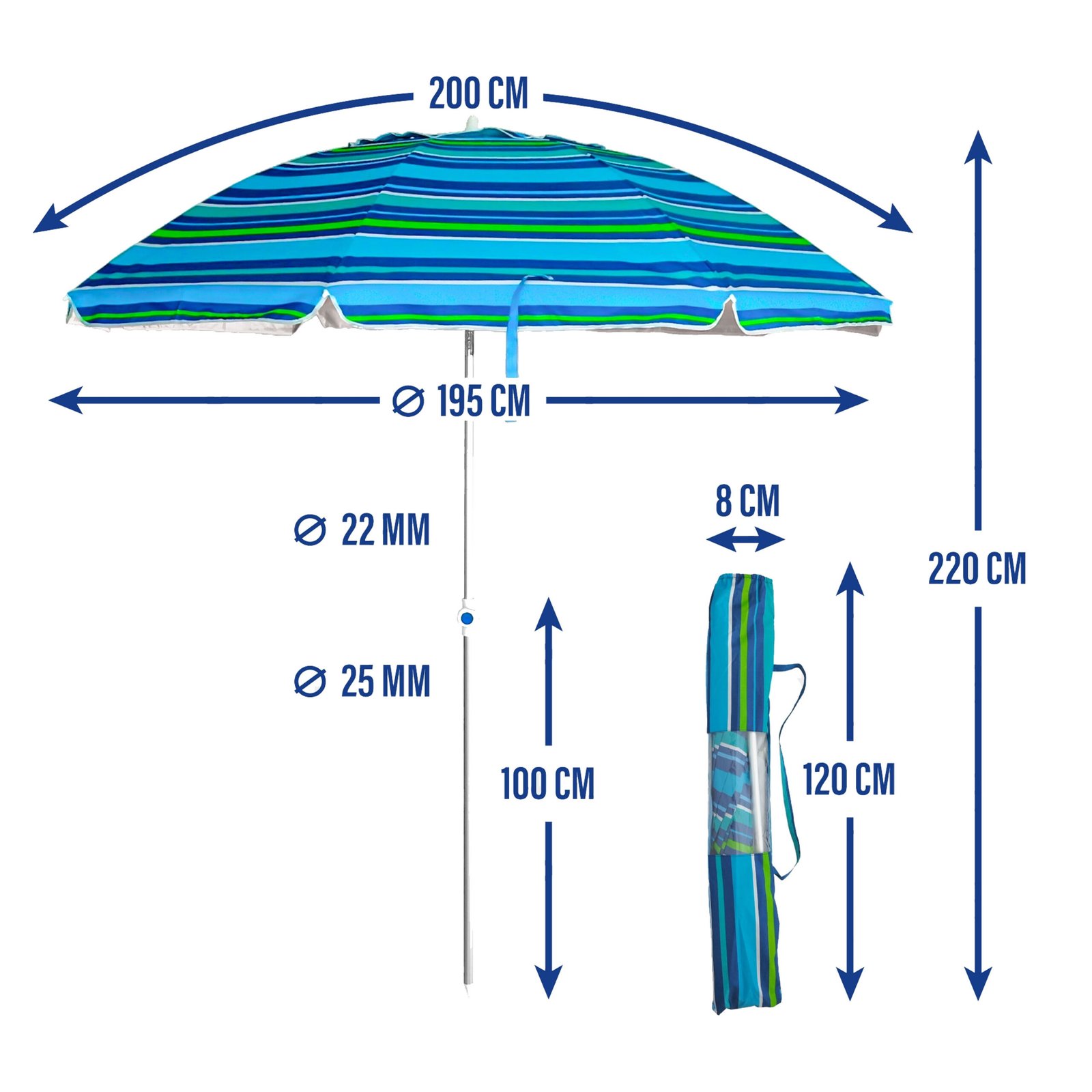 Sombrilla de Playa 200 cm | Protección UV FPU100+ | 8 Varillas Reforzadas de Fibra de Vidrio y Aleación de Aluminio | Inclinación Ajustable | Anclaje Espiral para Arena | Ligera, Elegante y Portátil | Bolsa de Transporte Incluida - Imagen 9