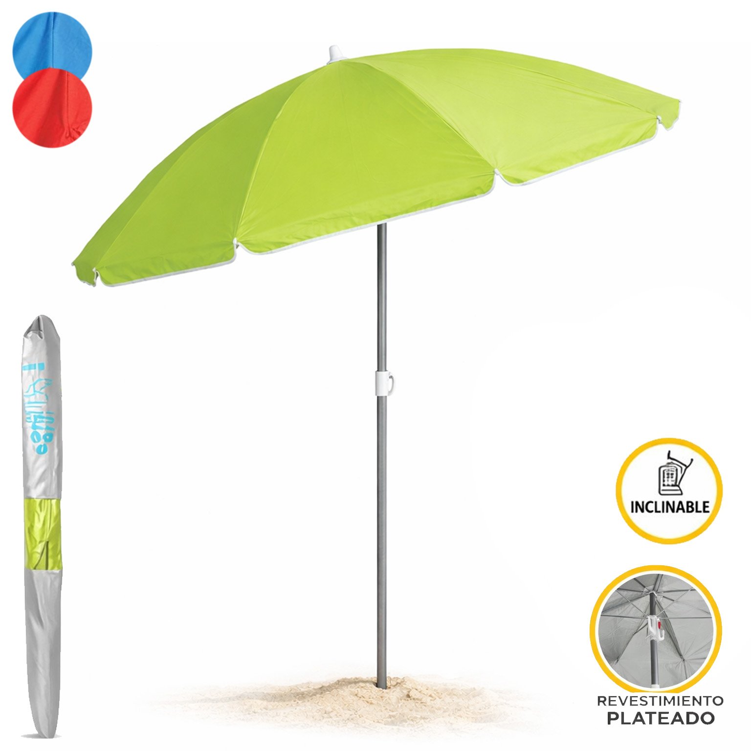 sombrilla playa 180 cm UV50 mástil inclinable aluminio