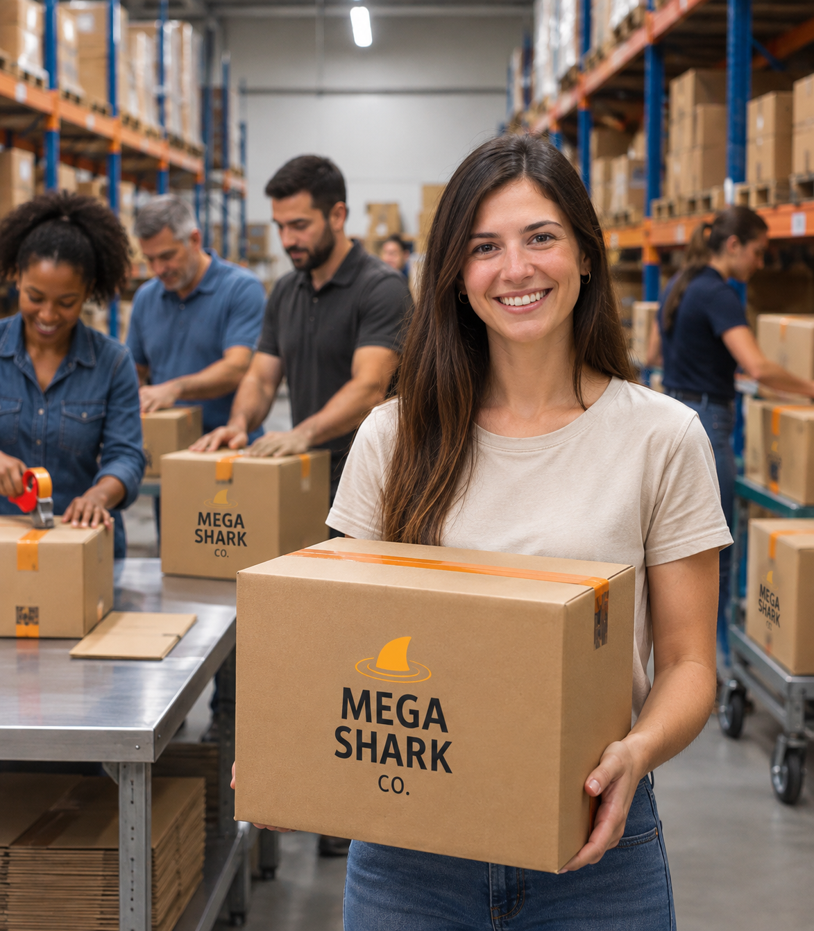 Operaria sonriente sosteniendo caja de cartón con logo Mega Shark Co. en centro logístico de Murcia
