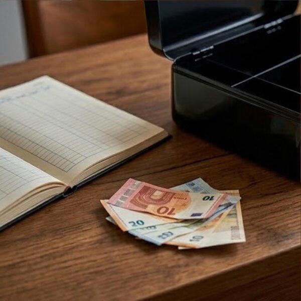Escena de escritorio con una caja de caudales negra abierta, billetes de euro, monedas y un libro contable para ahorros domésticos.