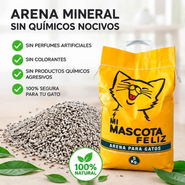 Infografía de arena mineral para gatos 100% natural sin químicos ni perfumes artificiales Mi Mascota Feliz