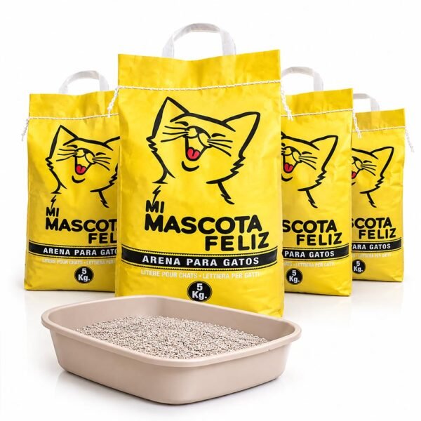 Sacos de arena mineral Mi Mascota Feliz junto a bandeja sanitaria con arena servida