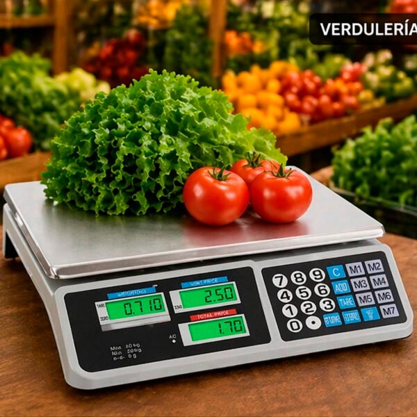 Balanza comercial digital utilizada para pesar verduras y productos frescos en frutería