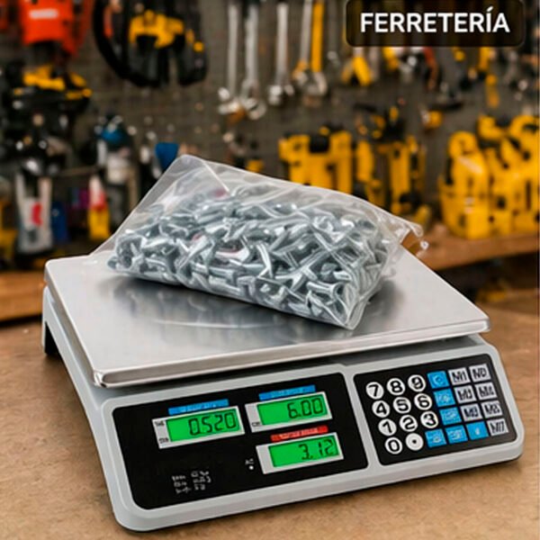 Balanza comercial digital de mostrador pesando tornillos y piezas en ferretería