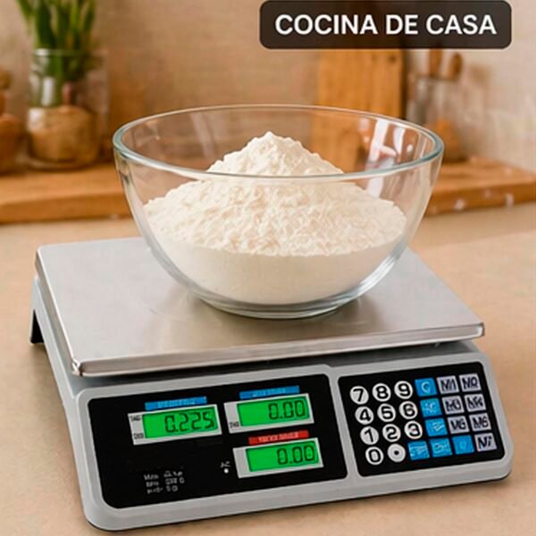 Balanza comercial digital sobre encimera empleada para pesaje en cocina u obrador