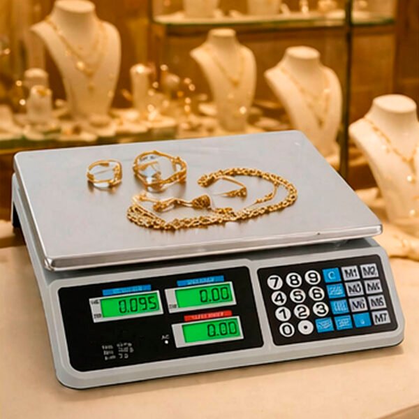 Balanza digital de precisión en mostrador de joyería para pesaje de piezas