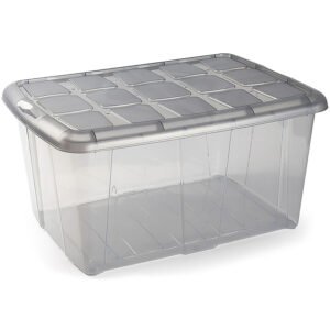 Caja de almacenamiento de 60 litros en color gris translúcido con tapa resistente de MegaSharkCo.