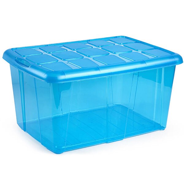 Caja organizadora de 60 litros azul translúcida para clasificar objetos en MegaSharkCo.
