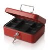Caja de caudales metálica roja de seguridad con bandeja interior extraíble, dos llaves colgando de la cerradura y acabado esmaltado brillante sobre fondo blanco.