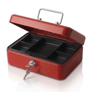Caja de caudales metálica roja de seguridad con bandeja interior extraíble, dos llaves colgando de la cerradura y acabado esmaltado brillante sobre fondo blanco.
