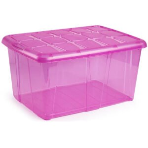 Caja organizadora de 60 litros en color fucsia translúcido con tapa de MegaSharkCo.