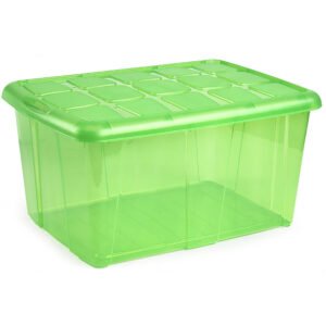Caja organizadora de 60 litros en verde translúcido para fácil identificación de contenido en MegaSharkCo.
