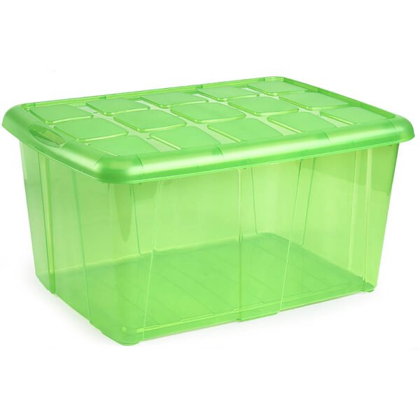 Caja organizadora de 60 litros en verde translúcido para fácil identificación de contenido en MegaSharkCo.